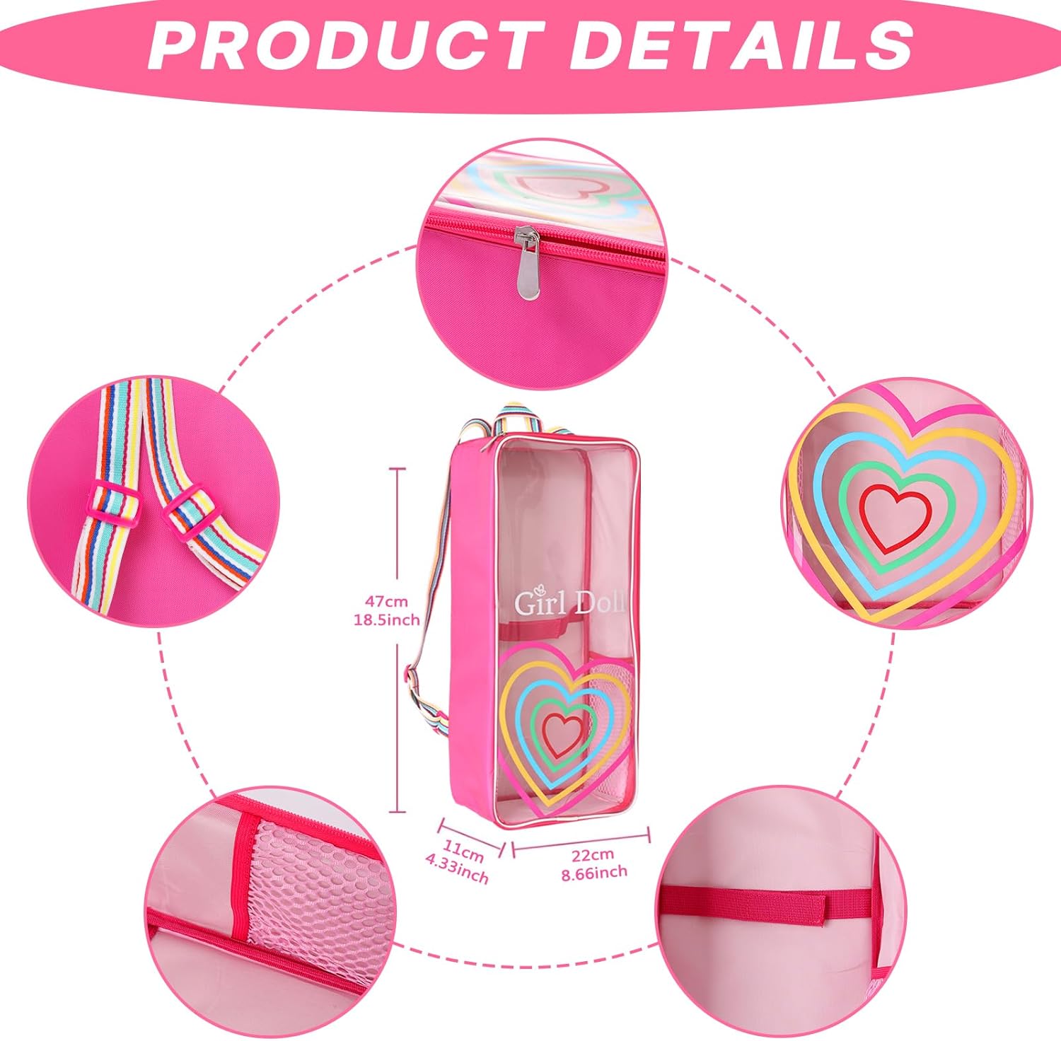18" Girl Doll Carrier Backpack Rainbow Heart Style Playset, 9-Piece Accessory Collection with Bag, Hair Bows