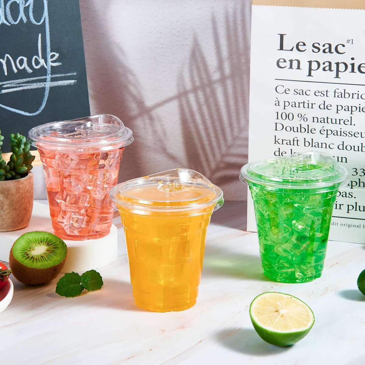 100 PACK 12 oz Clear Plastic Cups With Sip Lids, Strawless Lids