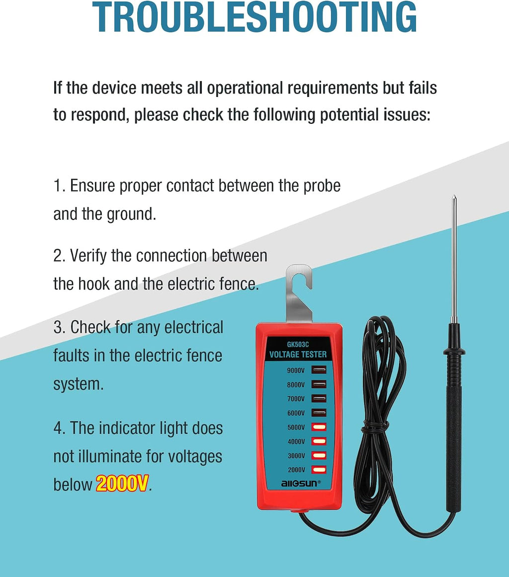 ALLOSUN GK503C NEON Fence Electric Voltage Tester Max 9000V,Electric Fence Fault Finder, Red