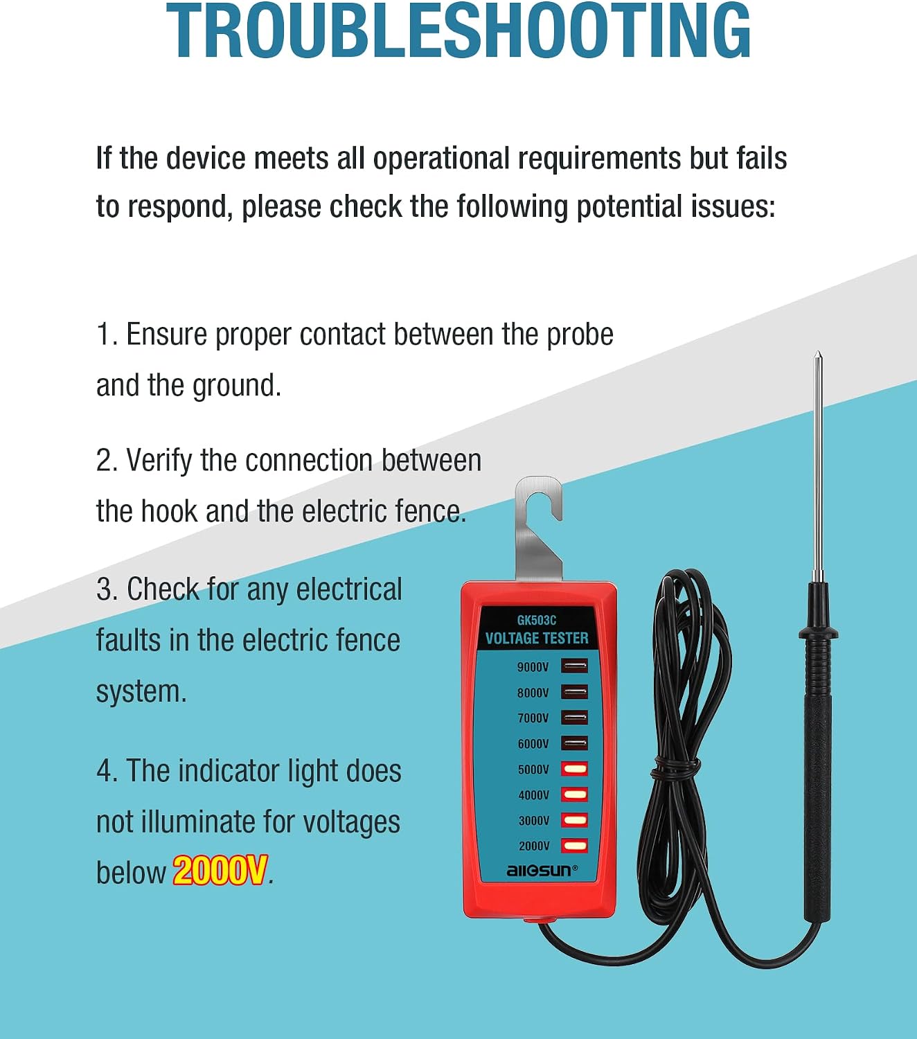 ALLOSUN GK503C NEON Fence Electric Voltage Tester Max 9000V,Electric Fence Fault Finder, Red
