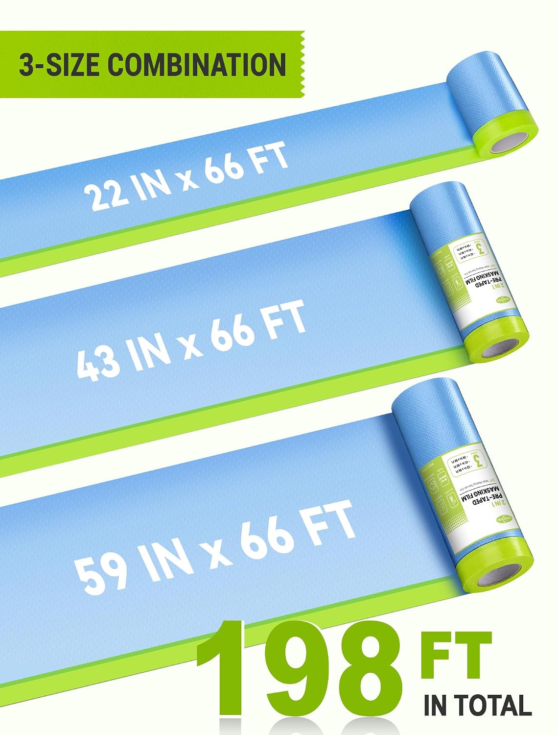 3 Rolls Pre-Taped Masking Film for Painting, 59/43/22 in * 66 FT