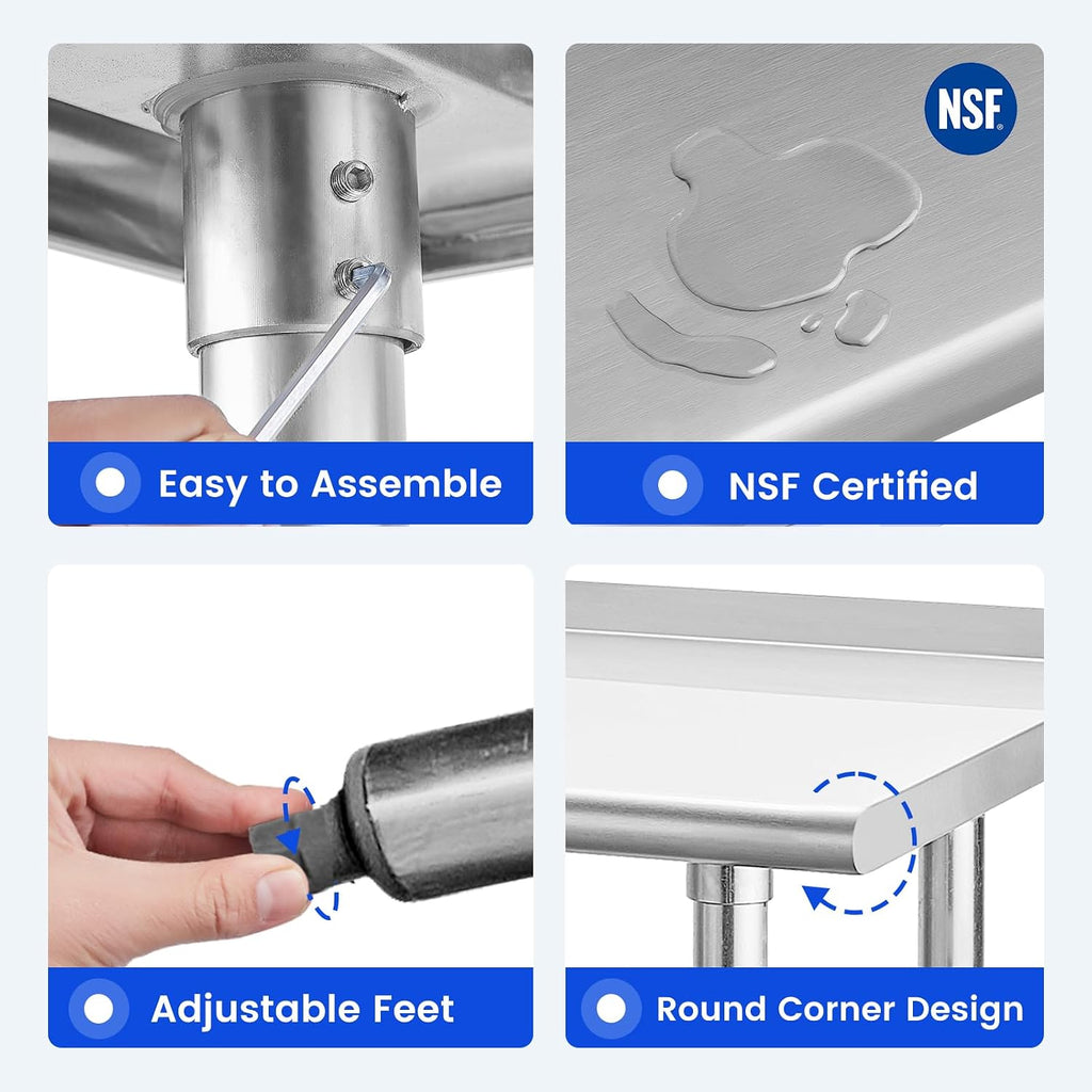 Hally Stainless Steel Table for Prep & Work 24" x 72" with Backsplash NSF