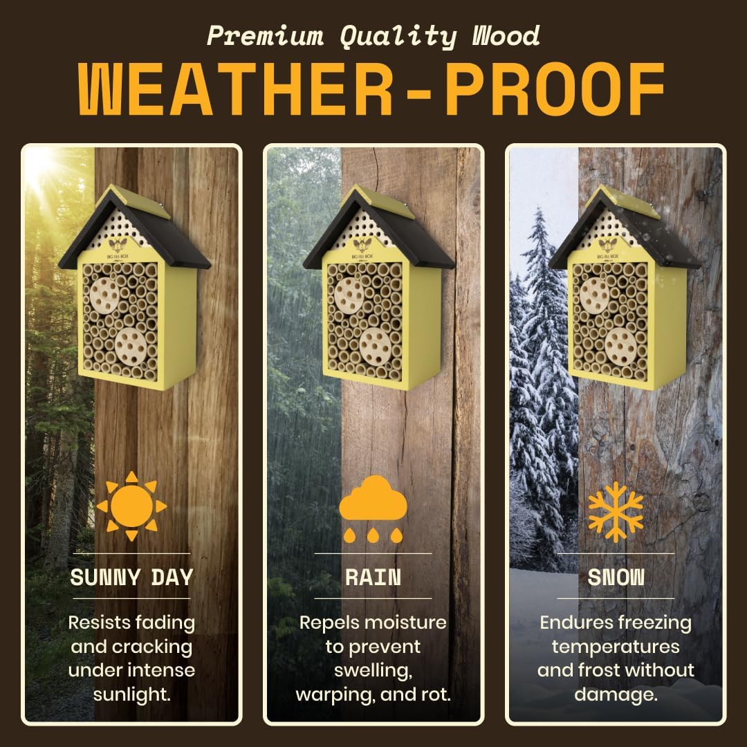Bee House for Garden - Yellow with Nesting Tubes, Easy Mount