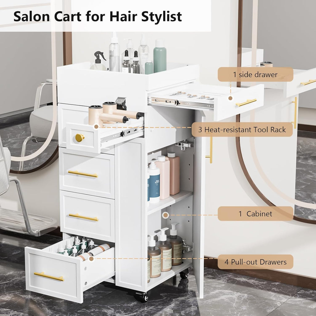 Salon Trolley Cart, Hair Styling Station with 5 Drawers, 3 Tool Holders & Adjustable Shelf, Mobile Storage Cabinet