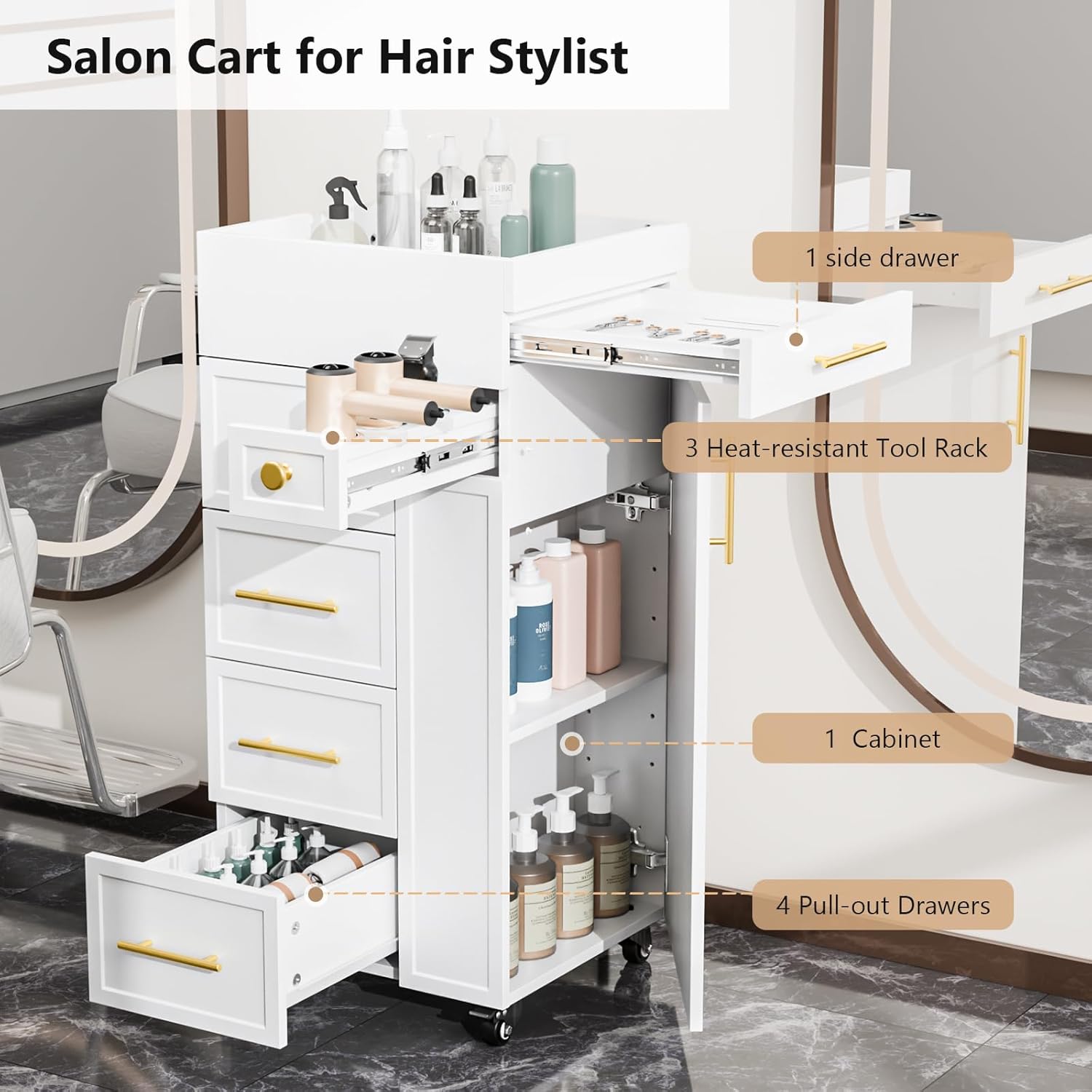 Salon Trolley Cart, Hair Styling Station with 5 Drawers, 3 Tool Holders & Adjustable Shelf, Mobile Storage Cabinet