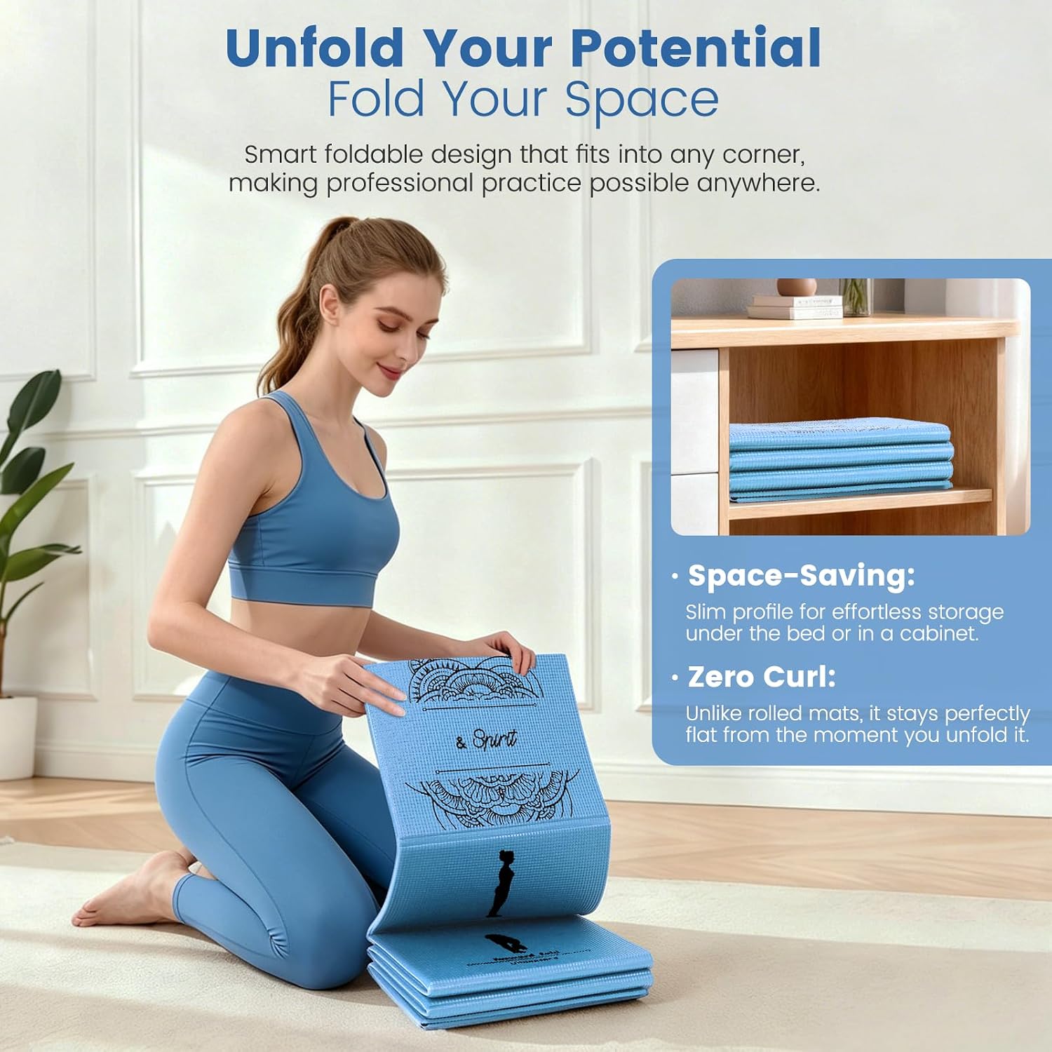 Foldable Yoga Mat and Blocks Set for Women with 2 Pack Yoga Blocks and Strap,Thin Non Slip Pilates Mat with Bag, Home