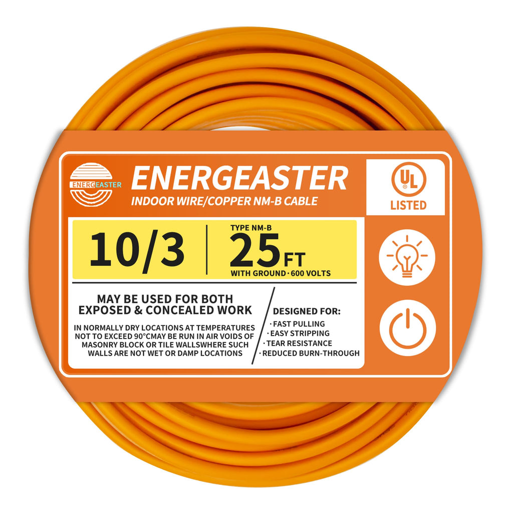 Energeaster Solid Indoor 10/3 NM-B Copper Cable with Ground 25FT, Orange