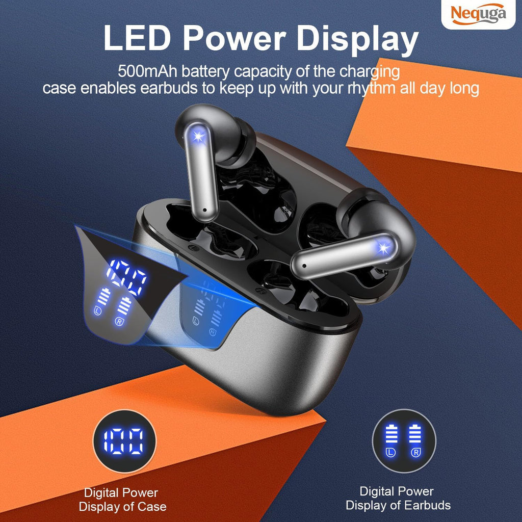 Wireless Earbuds Bluetooth Headphones, 50H Playtime Ear Buds with Mic, LED Digital Display Charging Case, IPX7