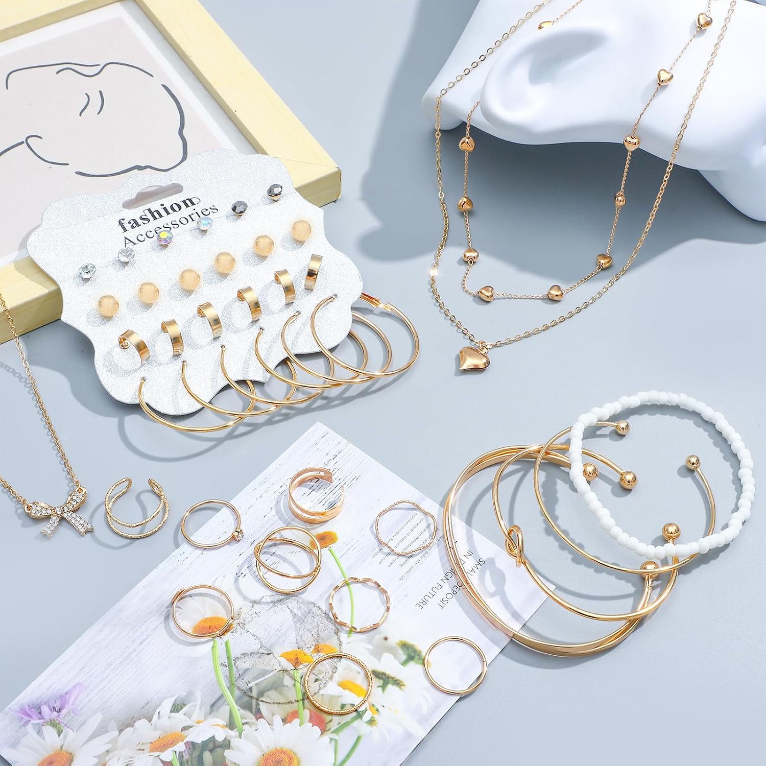 49 Pieces Gold Jewelry Set for Women Fashion Costume Jewelry Gold Plated Necklace Bracelet Ring Earrings Set for Women