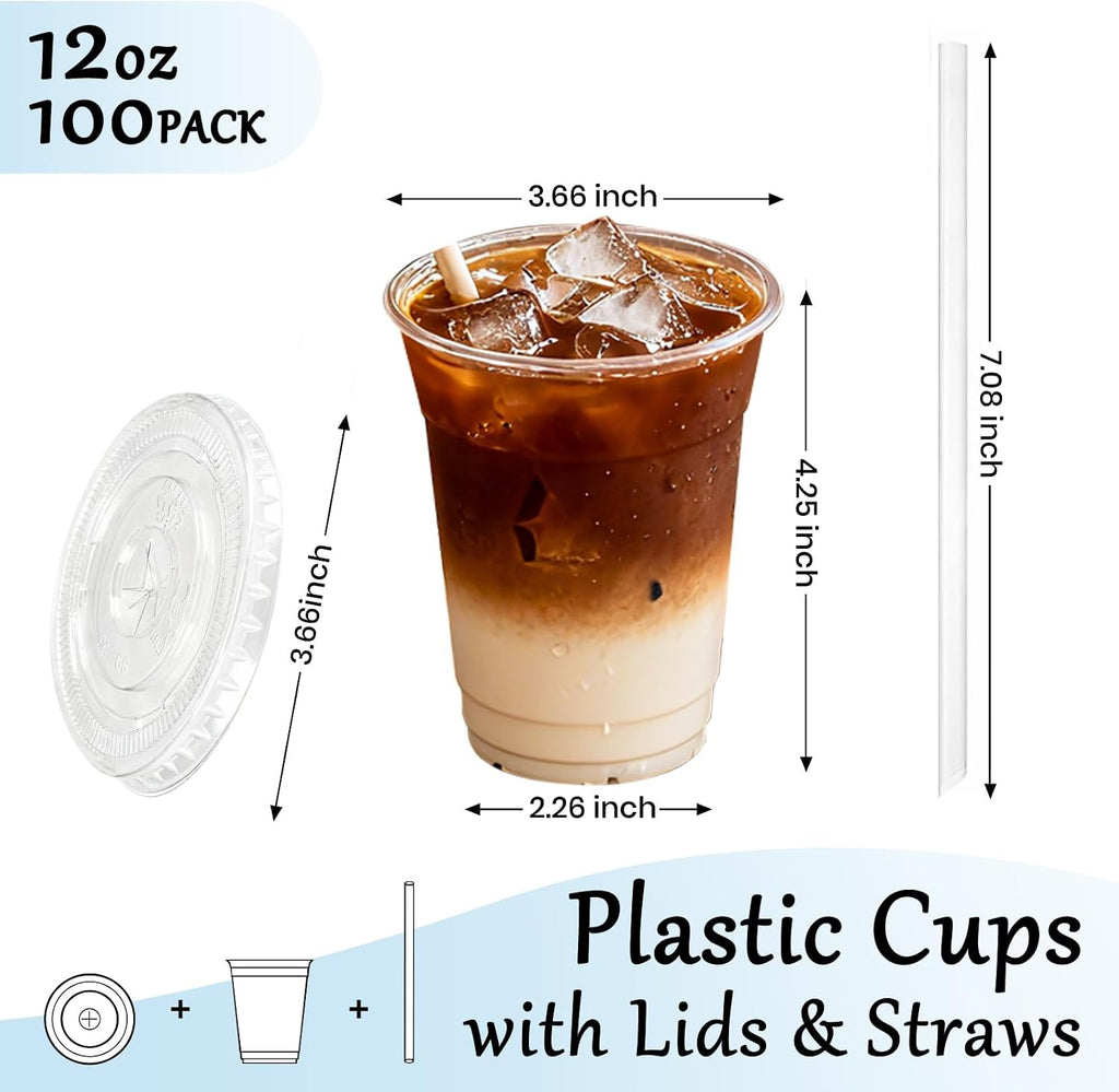 12oz Clear Plastic Cups with Lids and Straws 100 Pack