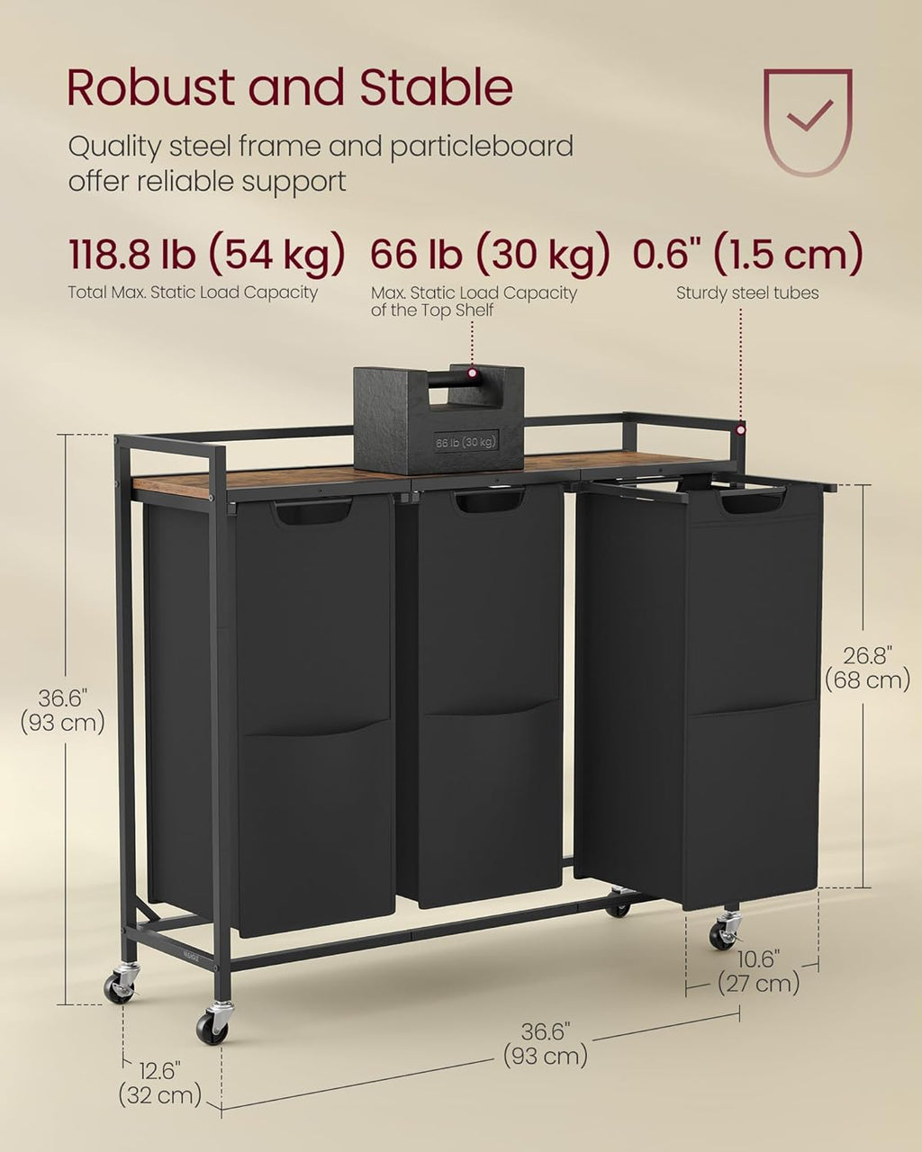 Laundry Sorter, 43.5 Gal. (165 L) Laundry Hamper Basket with 3 Compartments, Rolling Cart with Wheels, Shelf