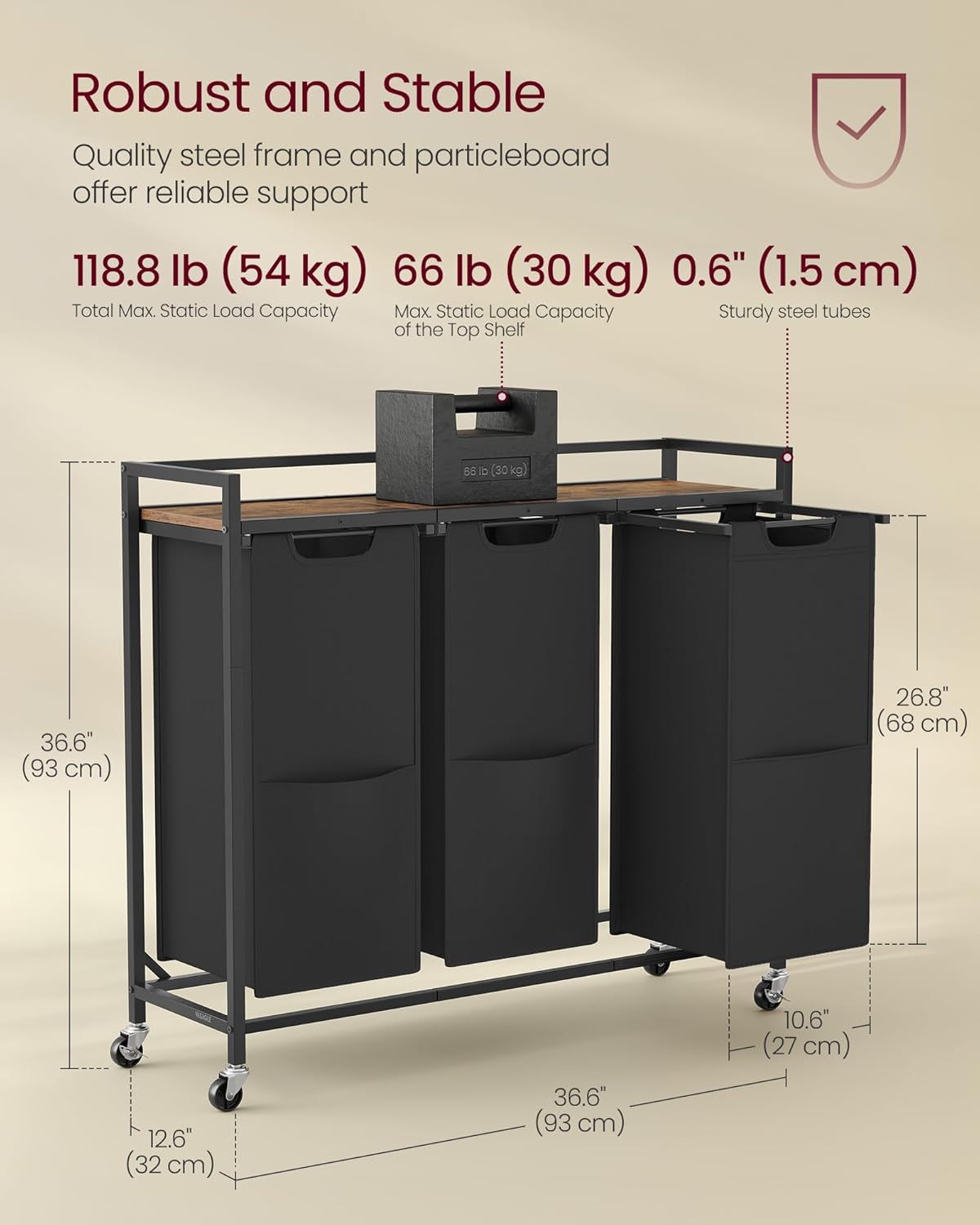 Laundry Sorter, 43.5 Gal. (165 L) Laundry Hamper Basket with 3 Compartments, Rolling Cart with Wheels, Shelf