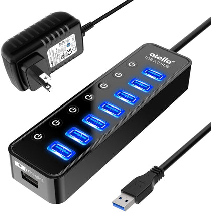 Powered USB Hub 3.0, Atolla 7-Port USB Data Hub Splitter with One Smart Charging Port and Individual On/Off Switches