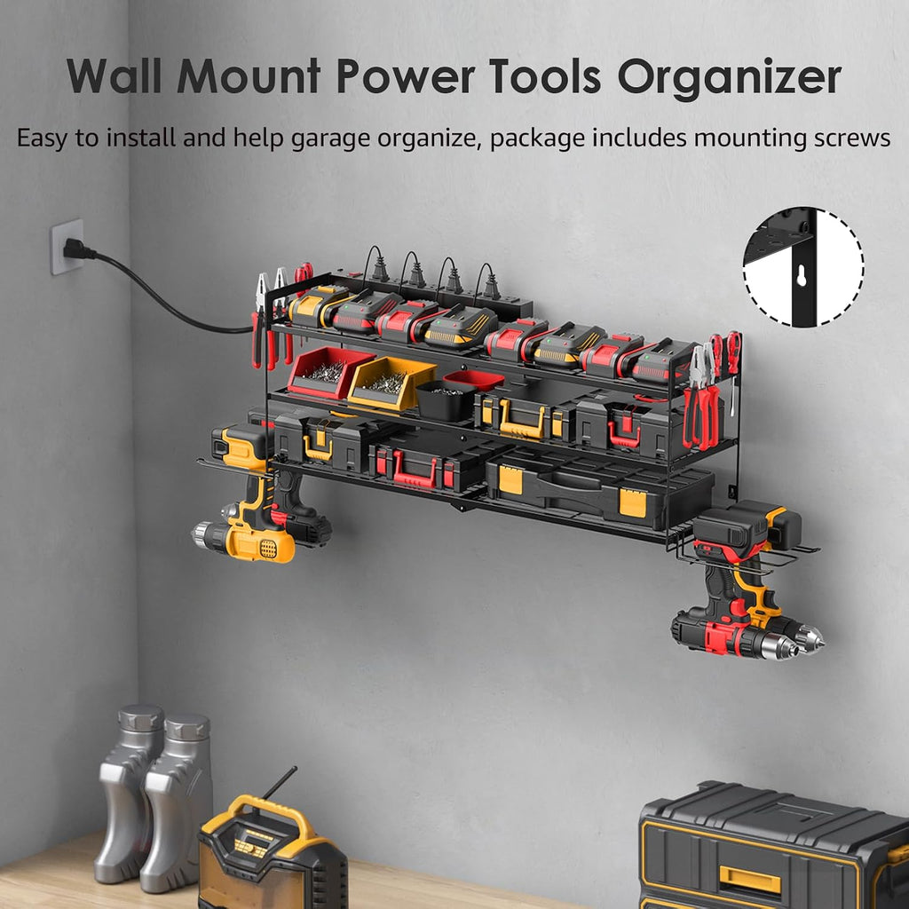 Large Garage Tools Storage with Charging Station. Power Tool Battery Organizer Utility Shelf with Power Strip. 4
