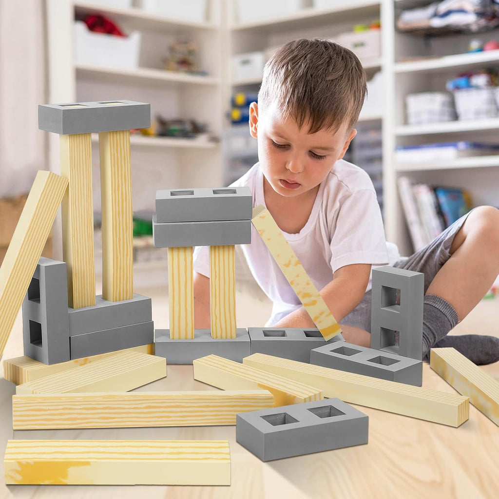 24 Pcs Foam Wooden Beam Soft Foam Brick Building Blocks Unit Fake Brick Building Blocks Giant Stacking Sets for Kids
