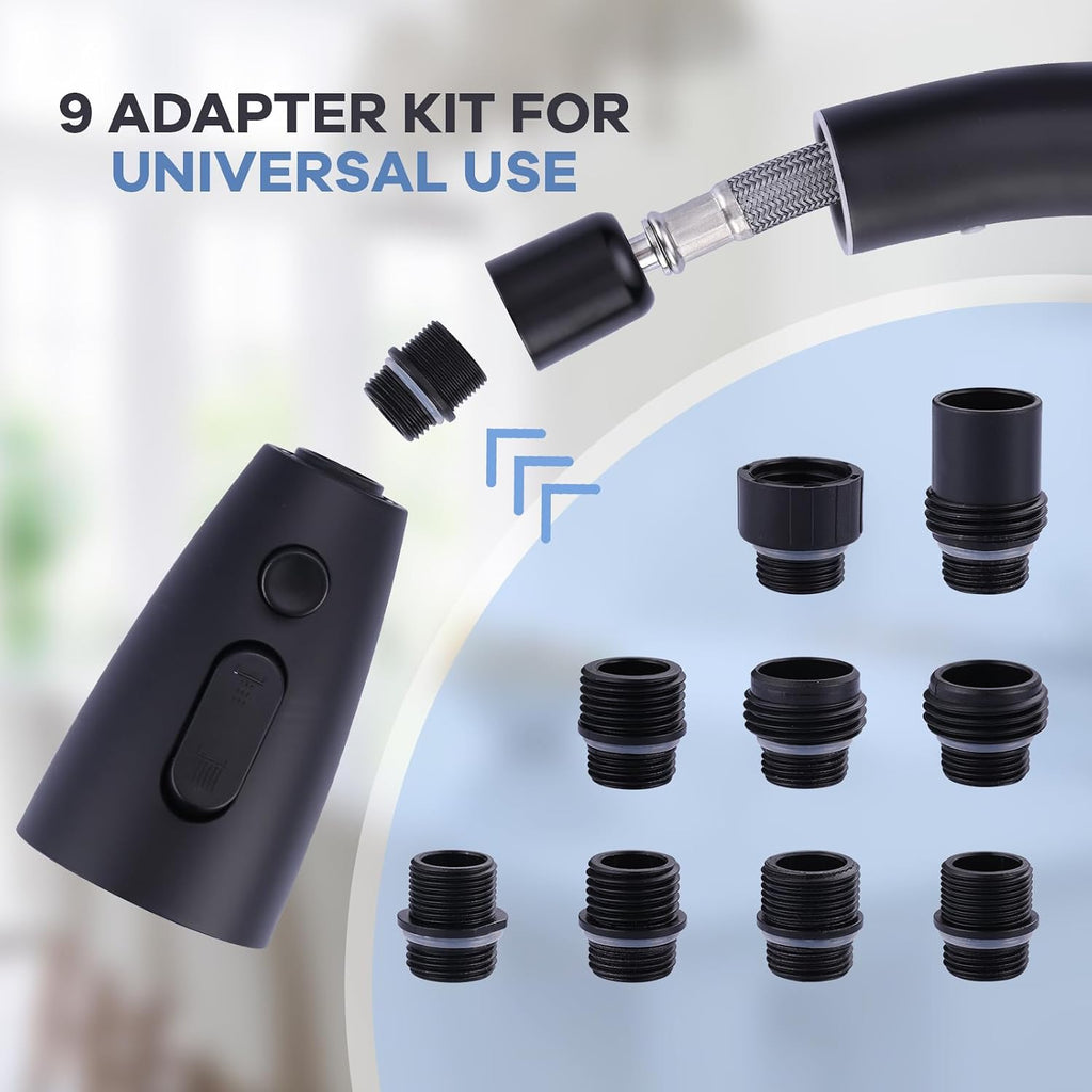 Kitchen Faucet Head Replacement Matte Black，3 Function Pull Out Spray Nozzle with 9 Adapters for Kitchen Sink