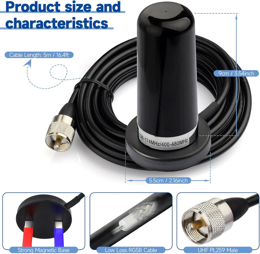 Vehicle Mobile Ham Radio Antenna Dual Band PL259 Male Connector | VHF UHF 136-174MHz 400-470MHz, NMO Mount, Magnetic