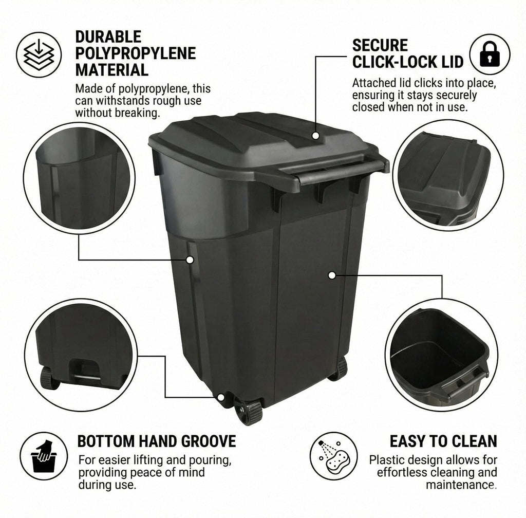 Outdoor Trash Can with Lid & Wheels, 45 Gallon Large Garbage Can for Garage & Patio, Heavy Duty Lockable Lid, Rugged