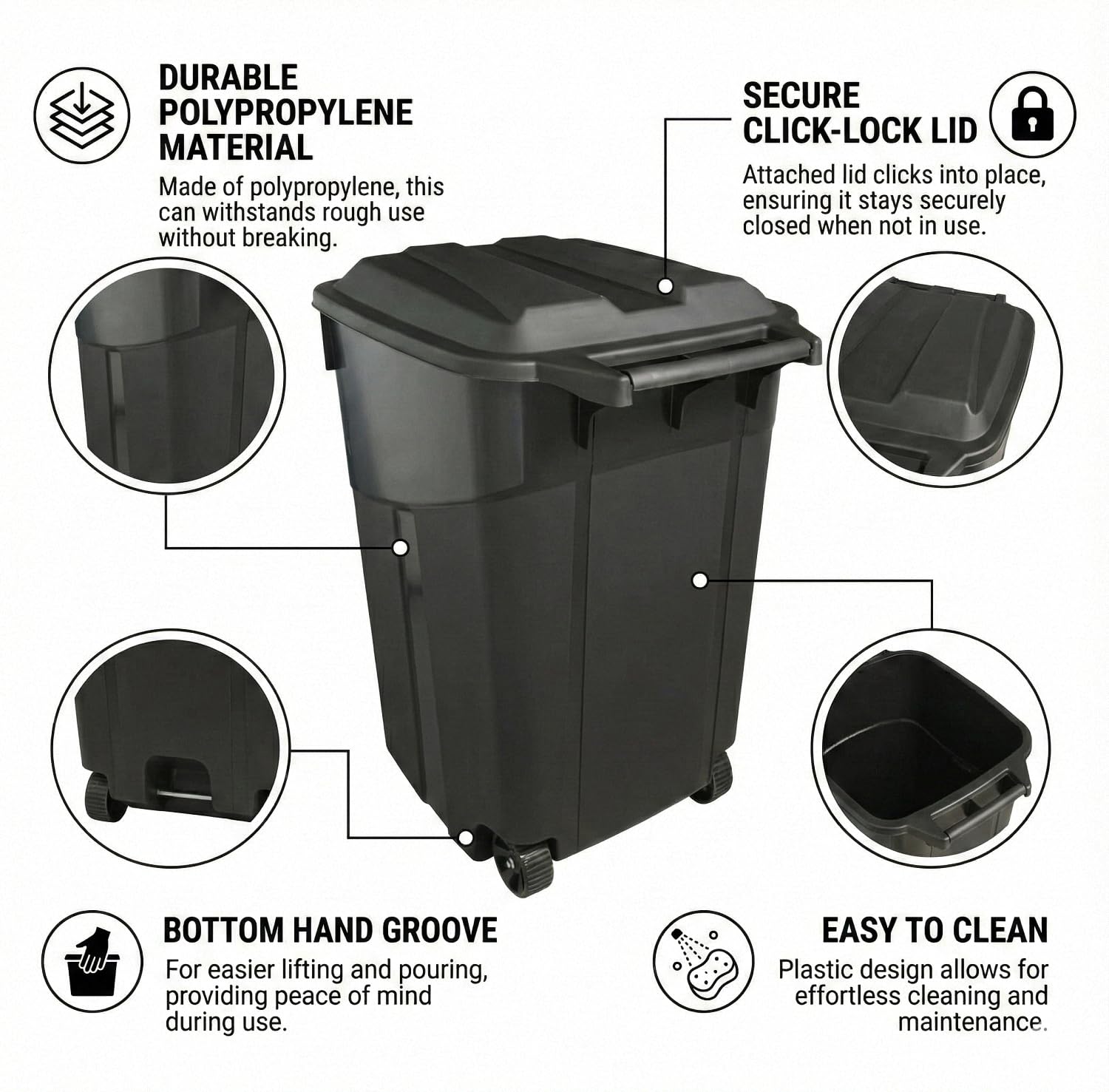 Outdoor Trash Can with Lid & Wheels, 45 Gallon Large Garbage Can for Garage & Patio, Heavy Duty Lockable Lid, Rugged