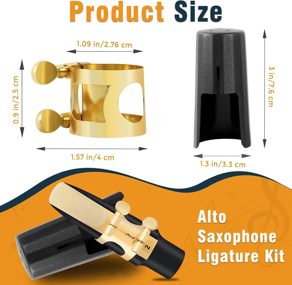 Alto Saxophone Ligature Kit, Metal Ligature for Saxophone Mouthpiece with Plastic Cap, Wind Musical Instruments