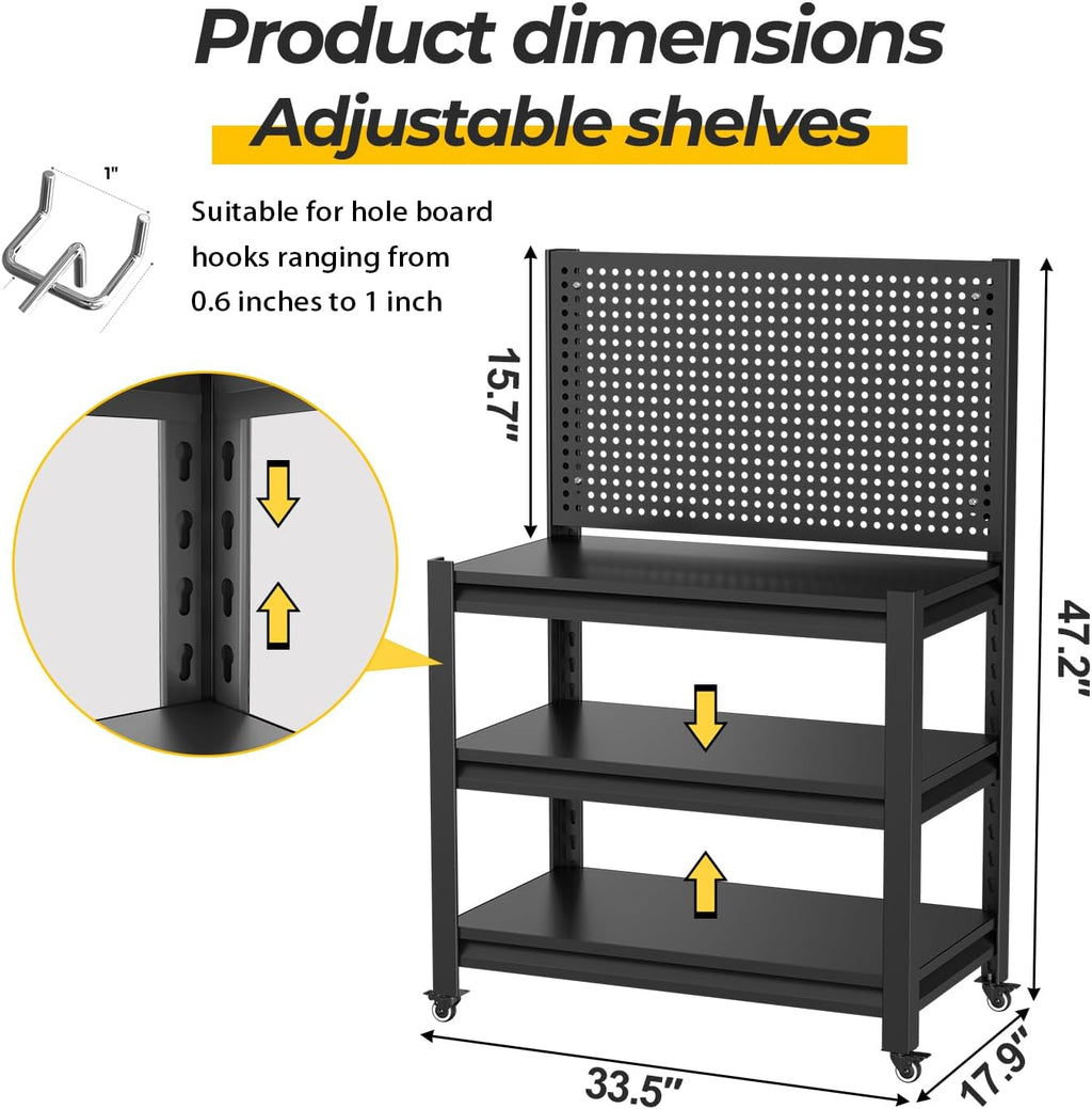 Work Bench with Pegboard,Heavy Duty Workbench with Wheels Adjustable Shelves,Tool Cart,Work Table for Garage
