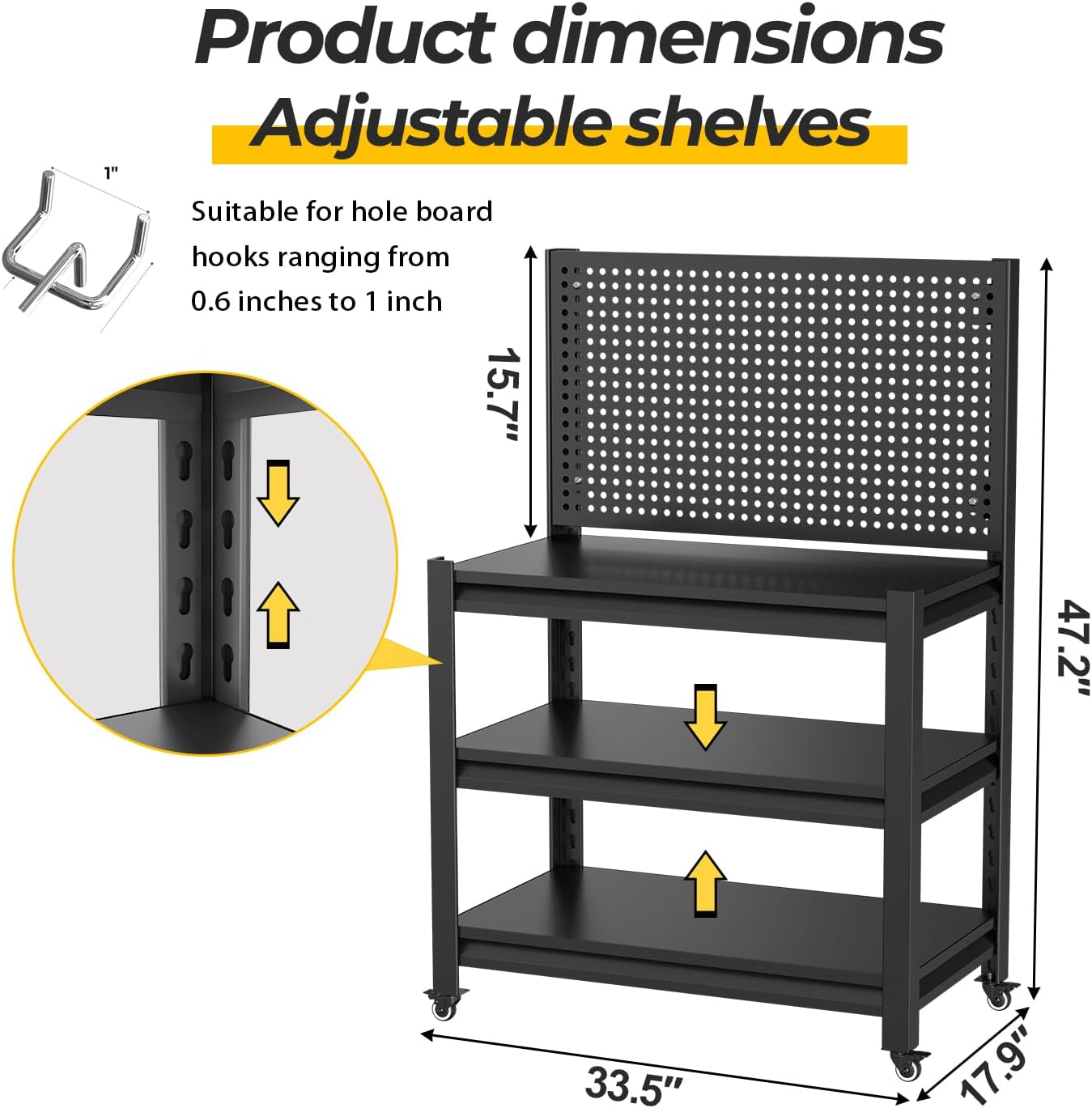 Work Bench with Pegboard,Heavy Duty Workbench with Wheels Adjustable Shelves,Tool Cart,Work Table for Garage