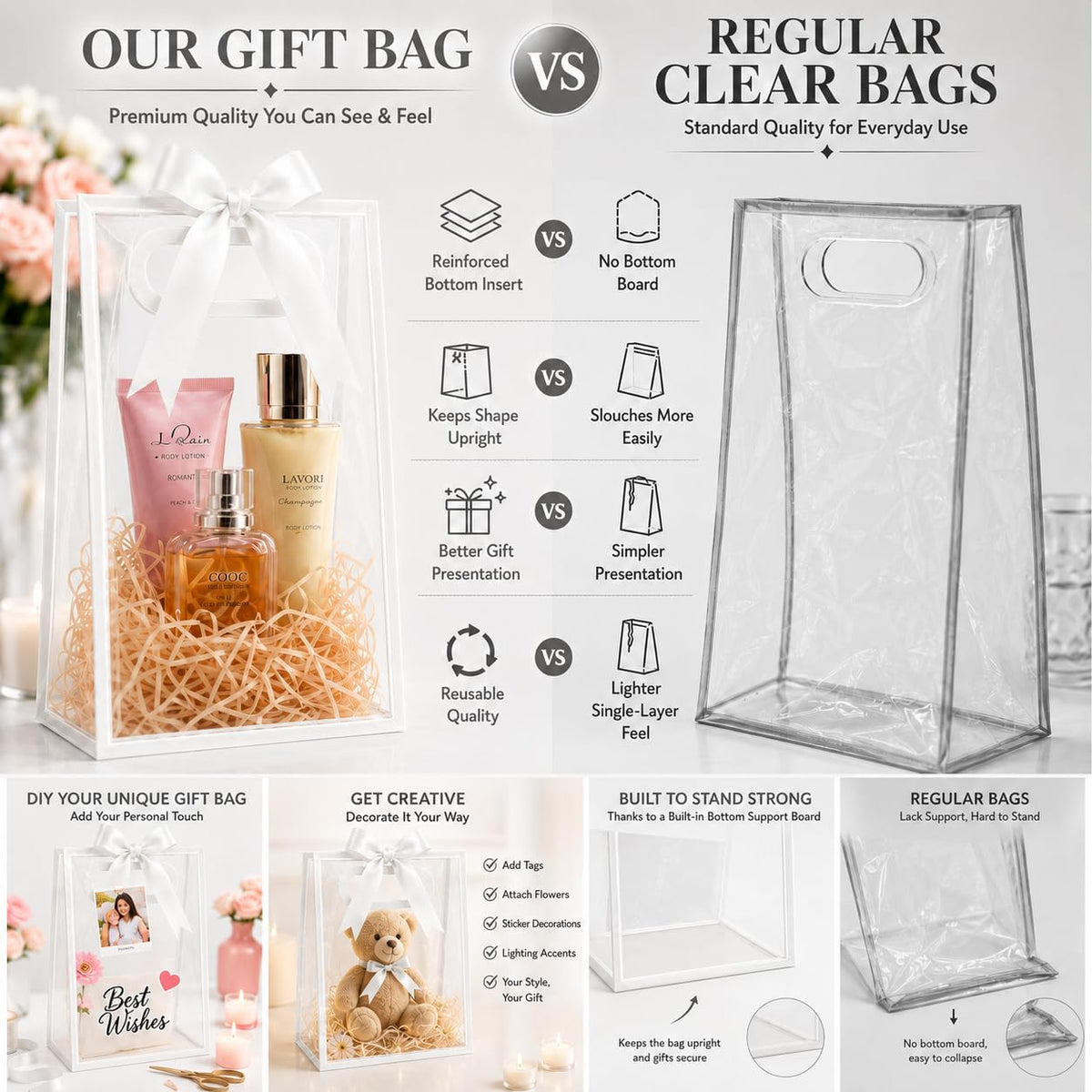 12 Pack Clear Gift Bags with Handles, White