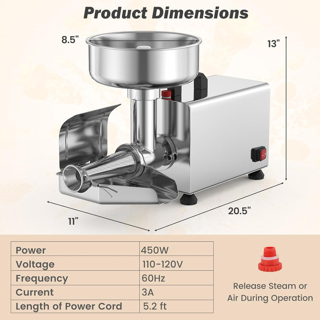 450W Electric Tomato Strainer Machine, 110-120V Commercial Grade Stainless Steel Saucer Maker, 200-350 lbs/h Food
