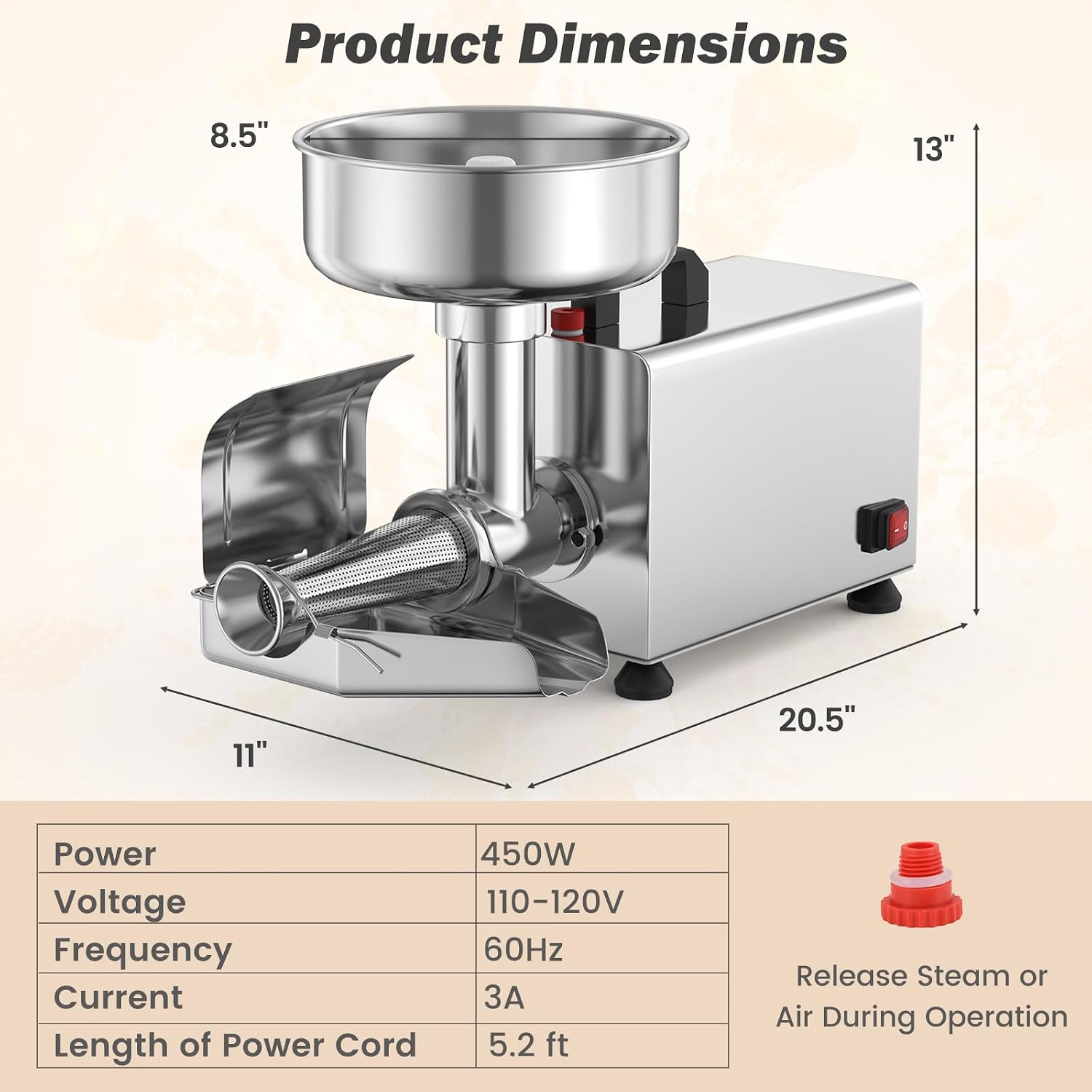 450W Electric Tomato Strainer Machine, 110-120V Commercial Grade Stainless Steel Saucer Maker, 200-350 lbs/h Food