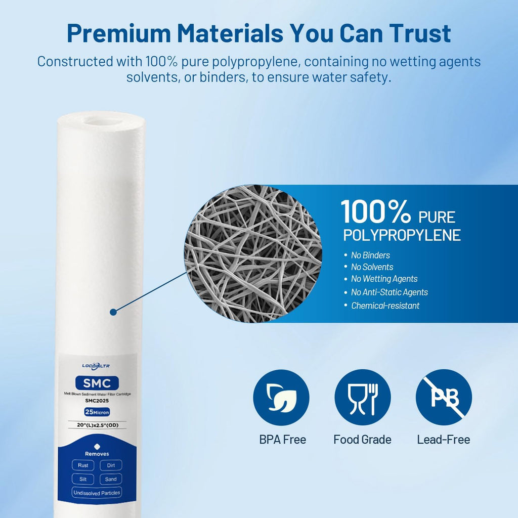 20" x 2.5" 25 Micron Whole House PP Sediment Water Filter Cartridge, 6 Pack