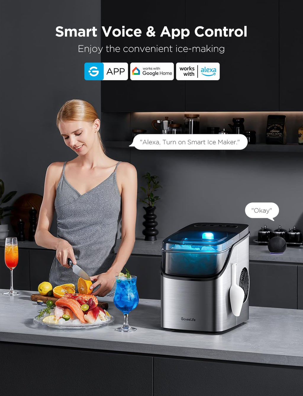 Smart Ice Maker, 9 Ice Cubes in 6 Mins 3 Sizes, 26lbs/Day, Silver
