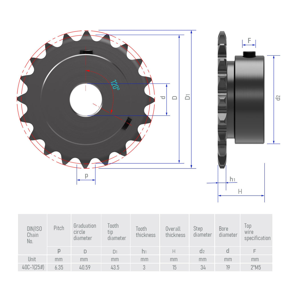 FOCMKEAS 20 Tooth Roller Chain Sprocket, 25 Chain, 19mm Bore