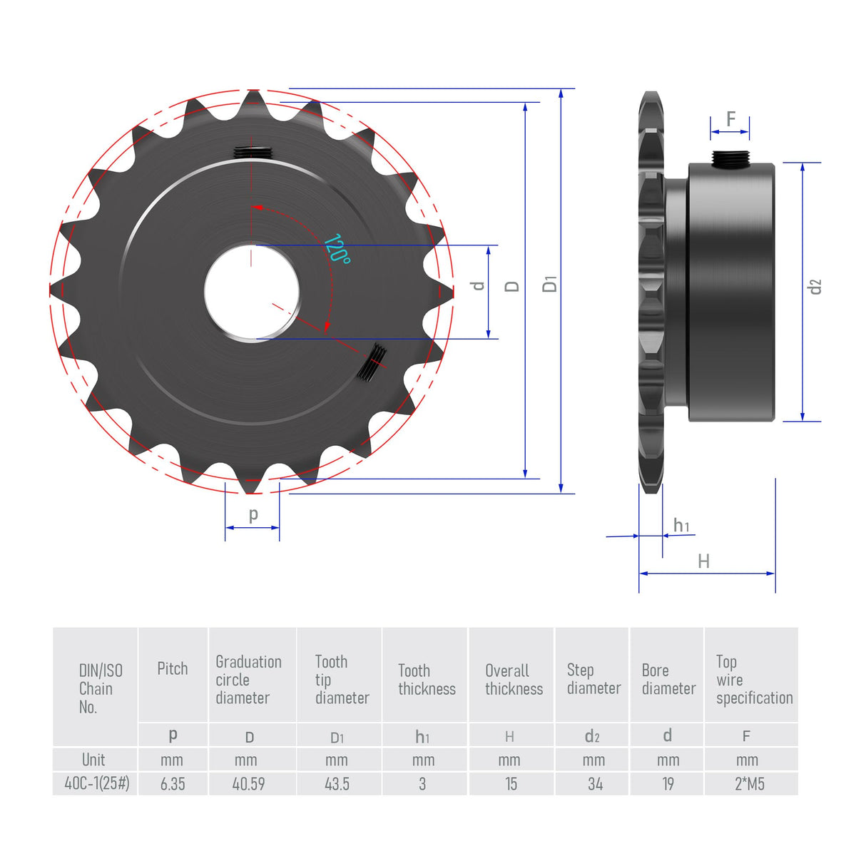 FOCMKEAS 20 Tooth Roller Chain Sprocket, 25 Chain, 19mm Bore