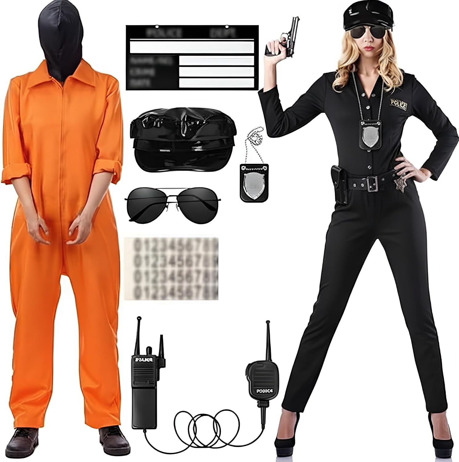 Halloween Couple Costume Orange Jumpsuit Costume Inmate Outfit Police Accessories Jail Criminal Uniform Adult