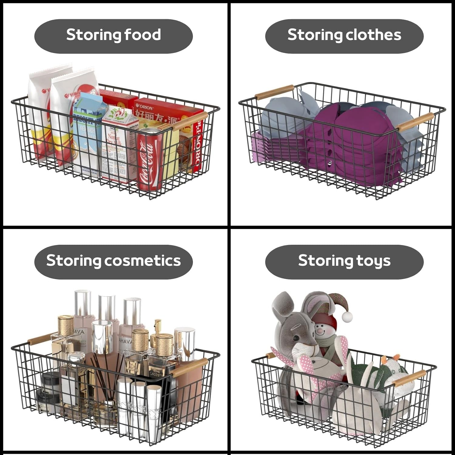 Wire Storage Baskets with Wooden Handles, 3 Pack Metal Organizer Baskets for Kitchen, Pantry, Freezer