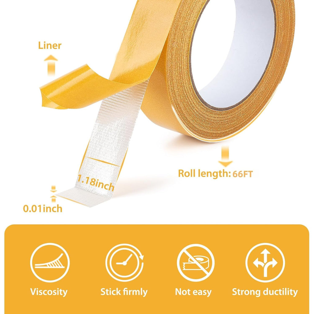 Double Sided Tape, 1.18 Inch x 66 Feet Fabric Tape, Mesh Double Stick Adhesive Tape for Clothes, Resistente Clear