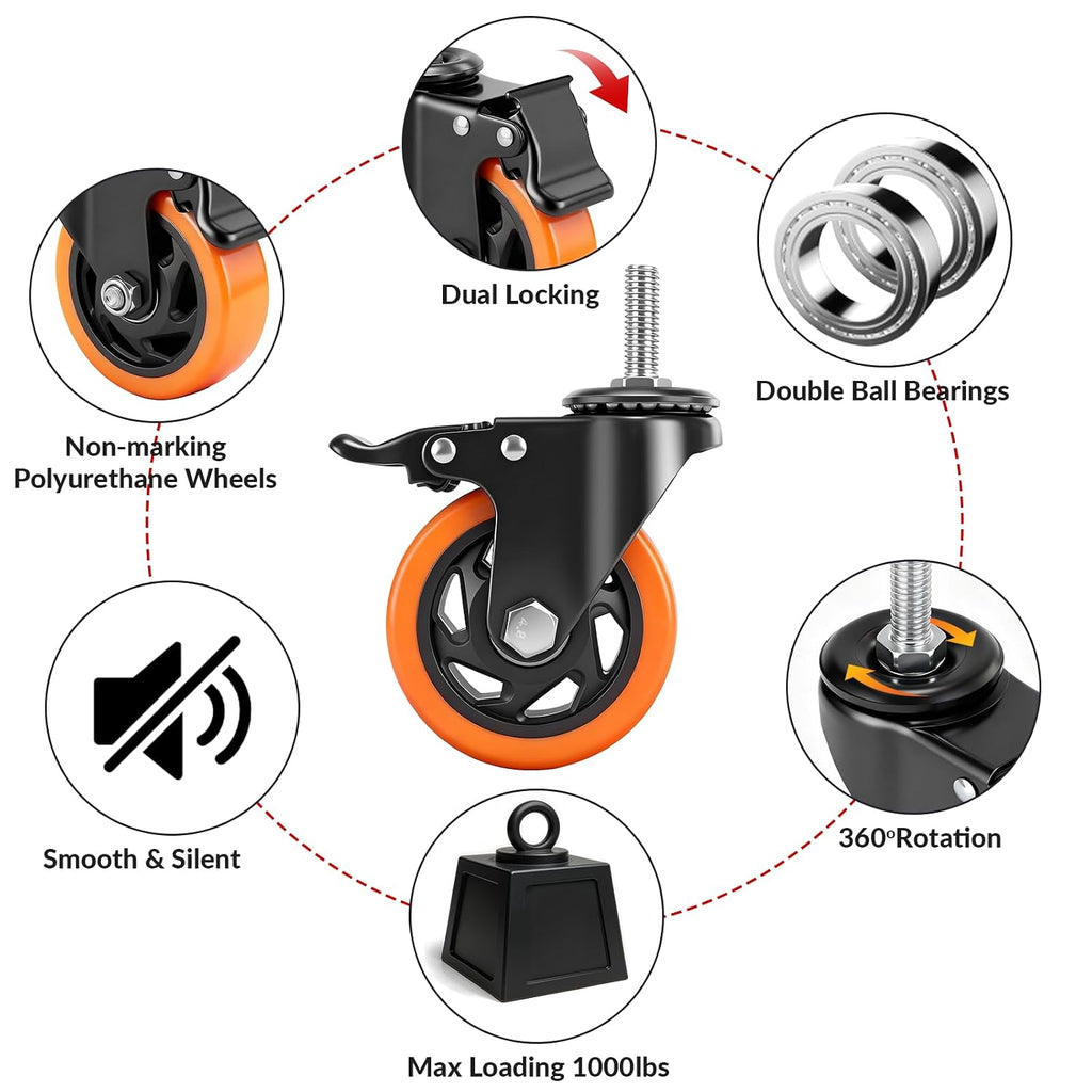 4 Inch Caster Wheels,Threaded Stem Casters Set of 4 Heavy Duty with Brake