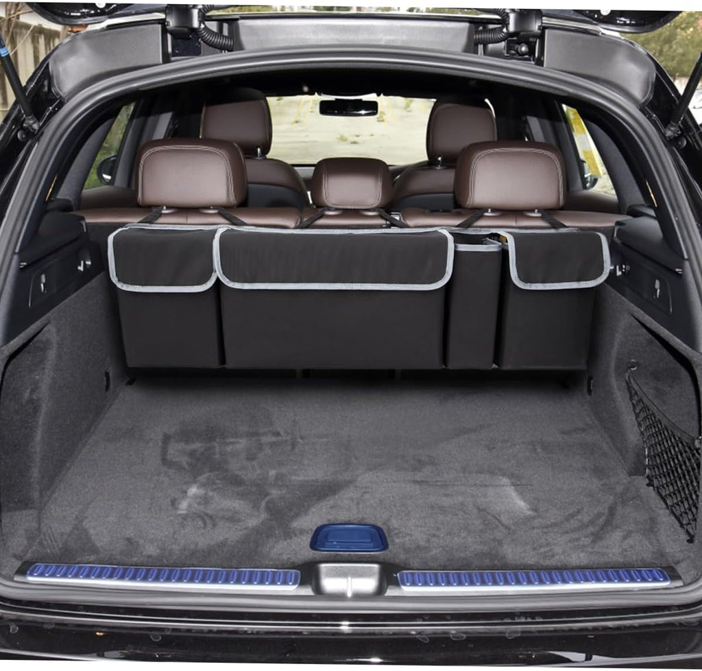 Car Trunk Organizer with Lid, Backseat Hanging Storage Bag with 4 Pockets & 3 Adjustable Straps, Waterproof PVC