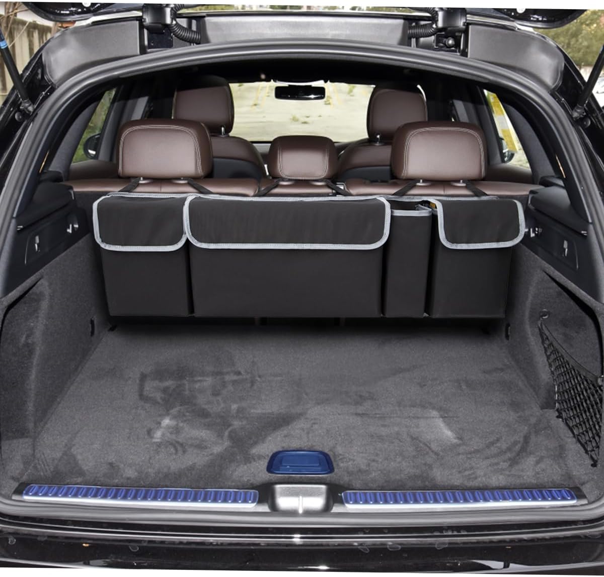 Car Trunk Organizer with Lid, Backseat Hanging Storage Bag with 4 Pockets & 3 Adjustable Straps, Waterproof PVC