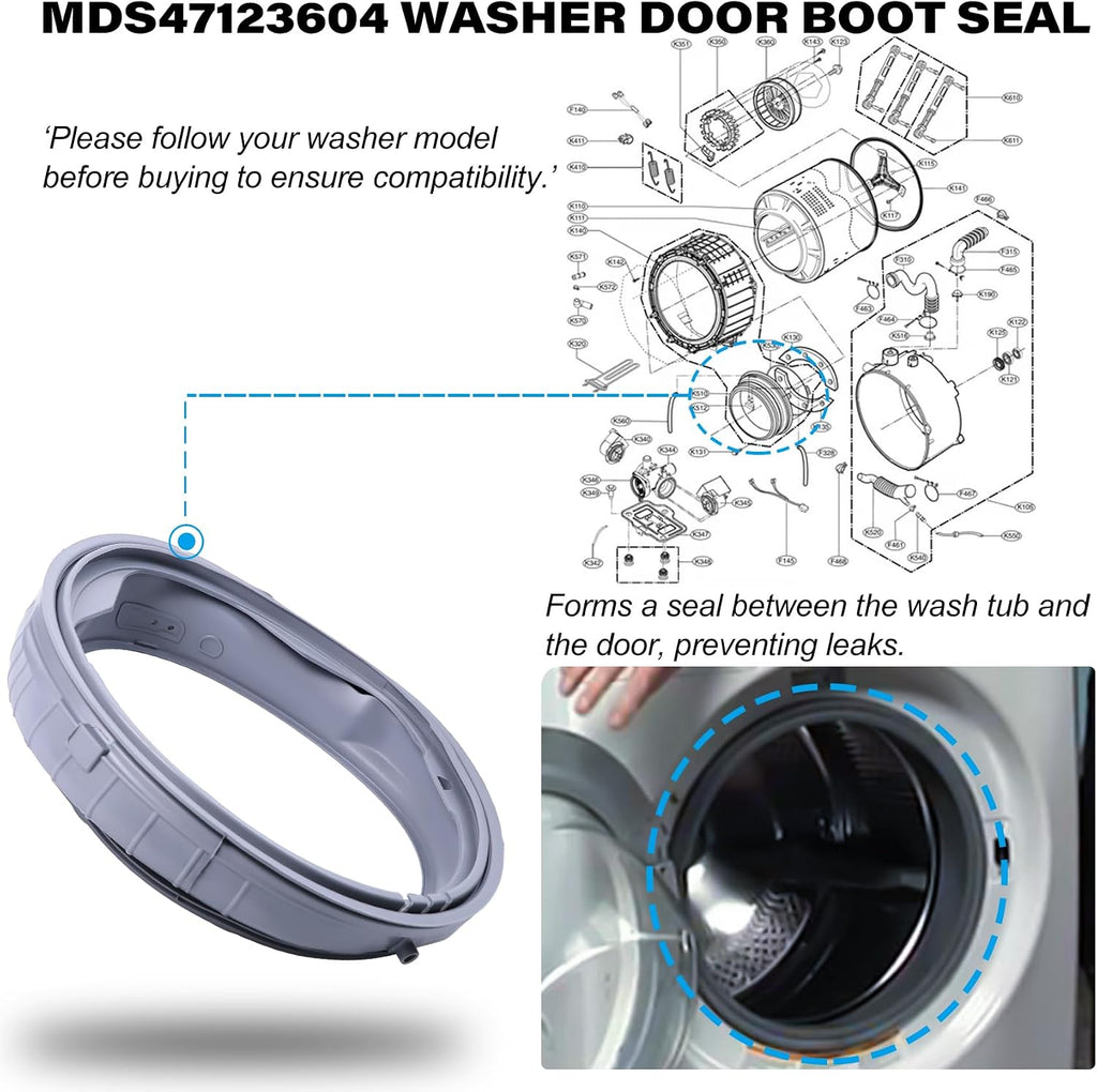 MDS47123604 Washer Door Boot Seal Gasket Bellow Diaphragm for LG Kenmore Washing Machine WM3360HRCA WM3360HVCA WM3360HWCA WM3550HVCA WM3550HWCA, Replace for 2003274 AP5332003 PS3628576 EAP3628576