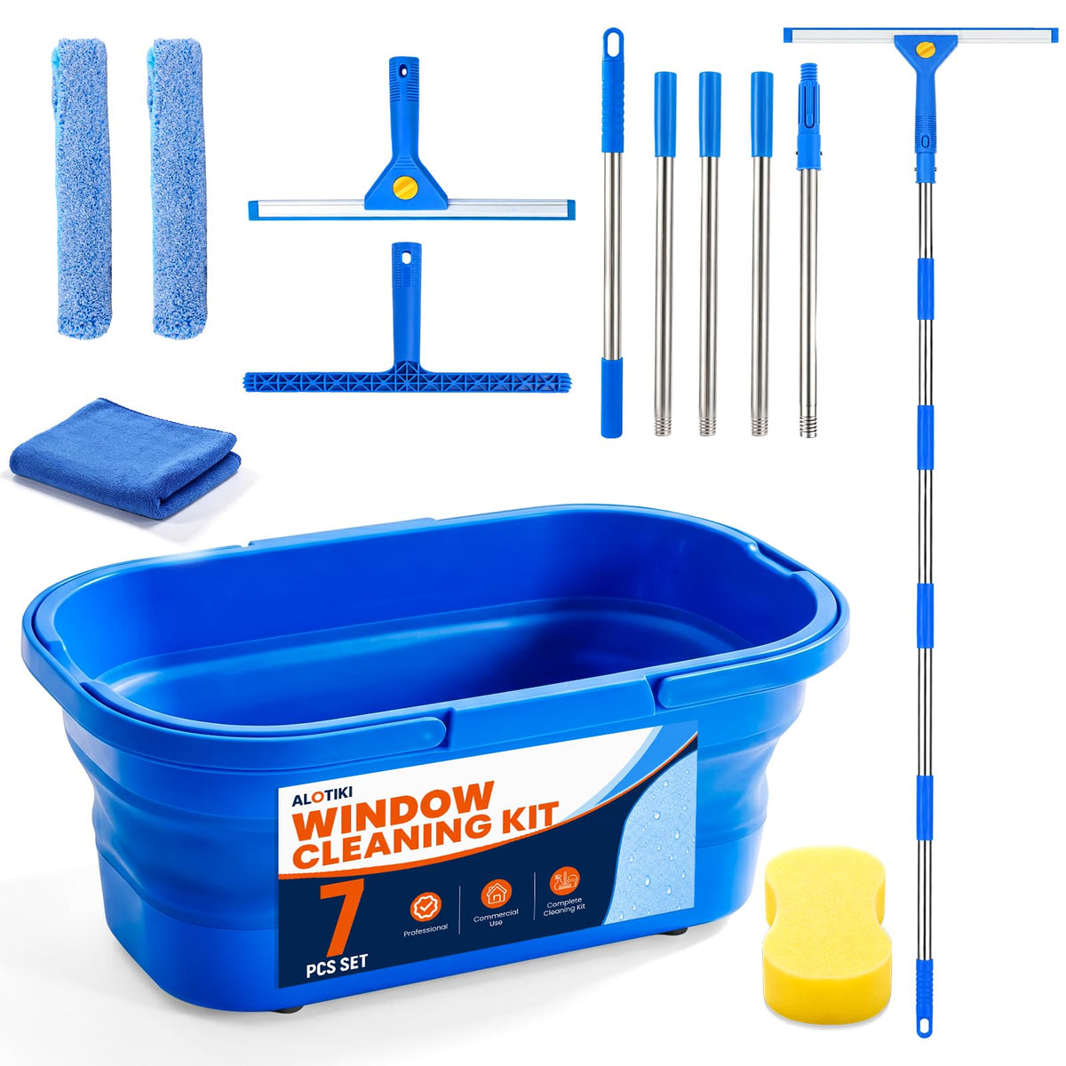 7Pcs Window Cleaning Kit with 3Gal Collapsible Bucket & 81"Squeegee