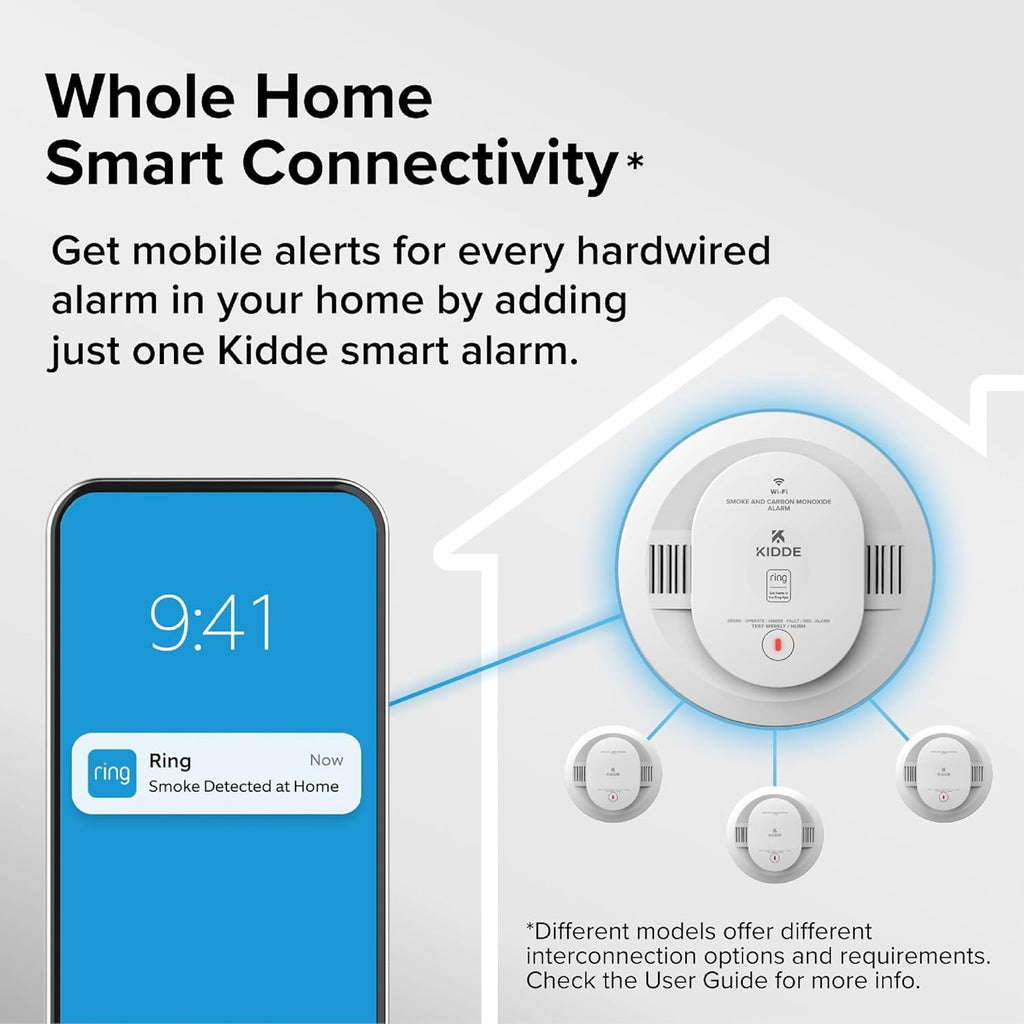 Smart Smoke and Carbon Monoxide Detector, Ring App Enabled for Real-Time Notifications, Hardwired Alarm, AA Backup