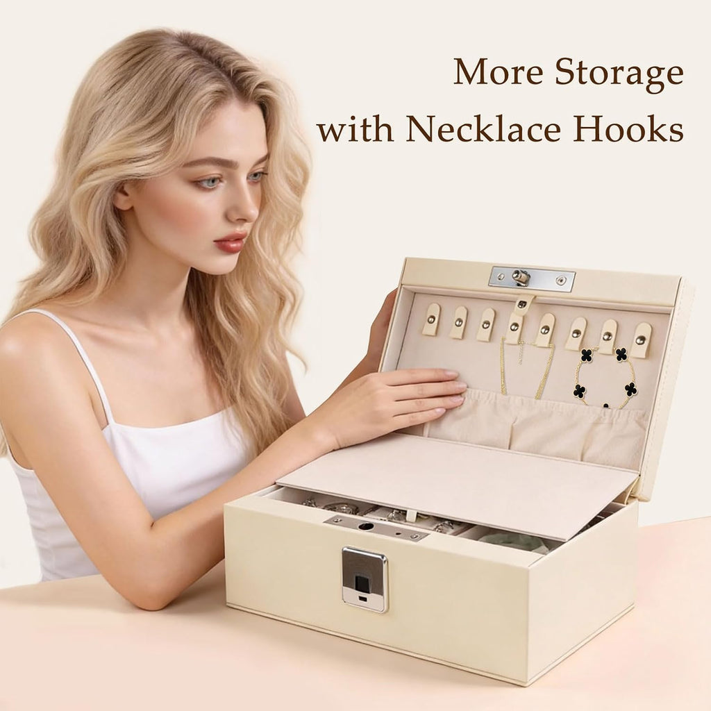 Jewelry Safe, Biometric Fingerprint Safe, Leather Wrapped Jewelry Box with Lock & Mirror, Ultra-Lightweight Jewelry
