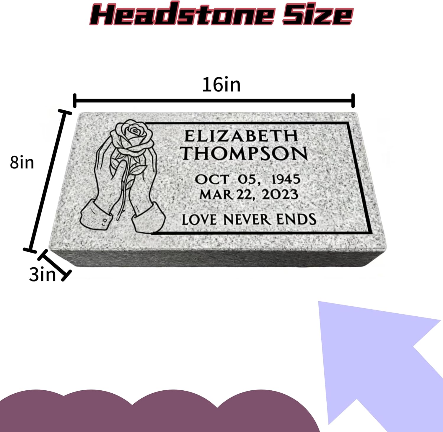 Grey Granite Headstone for Grave Markers, 16x8x3 Memorial Stones for Cemetery for Humans, Personalized Engraved