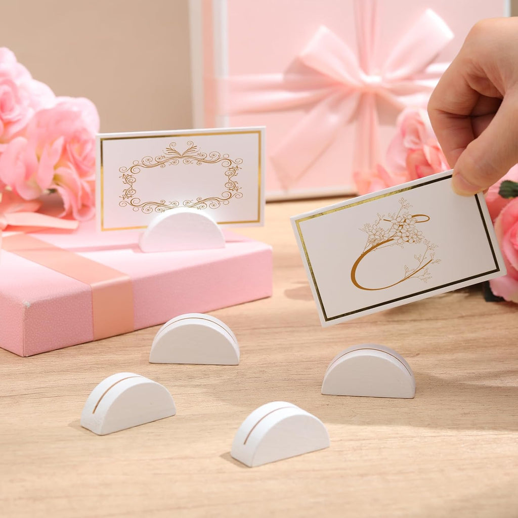 24 Pcs Wooden Table Number Stands with Tented Cards,White | Place Card Holders for Weddings, Semicircle Wood Base