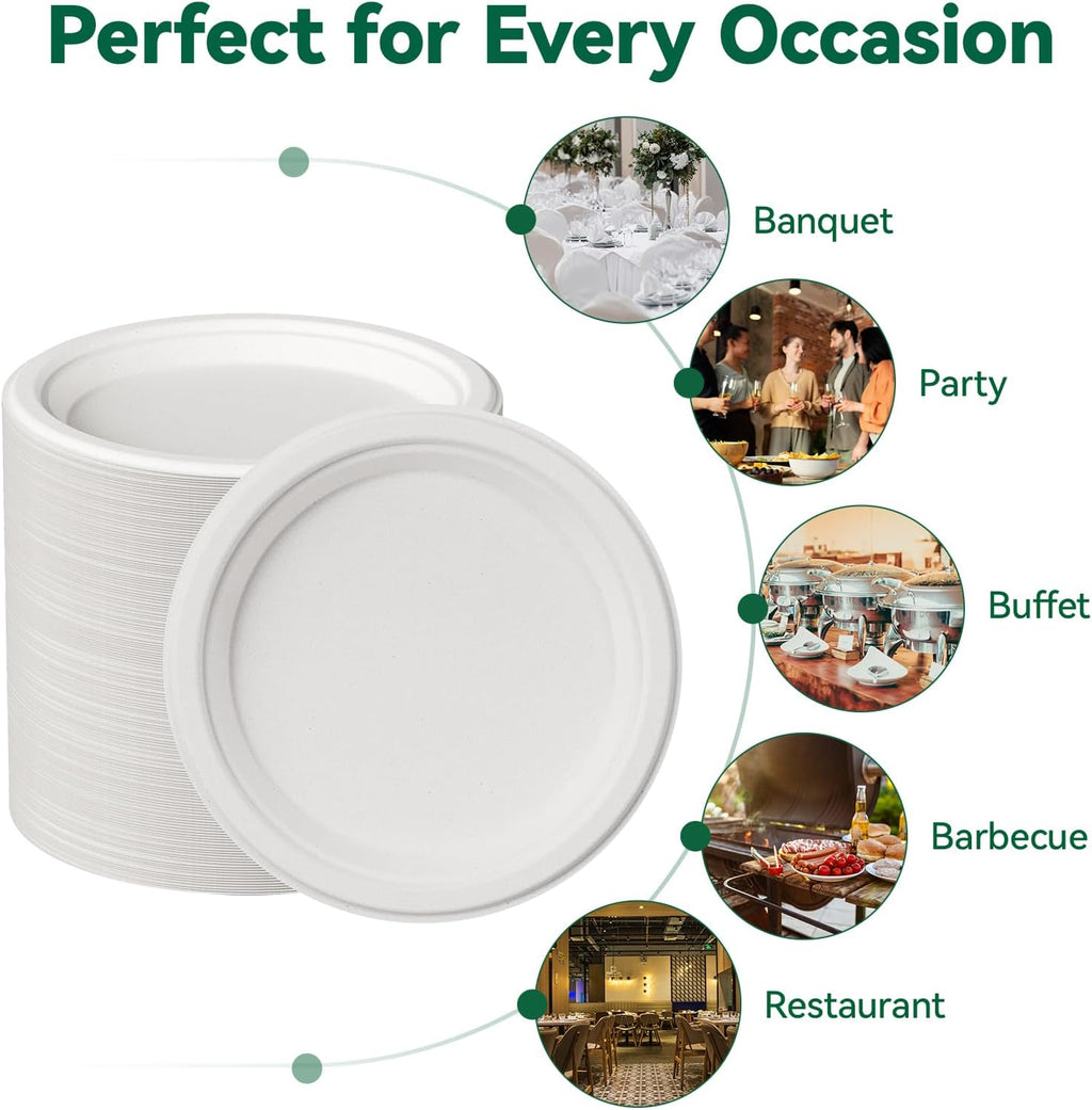 9 Inch Paper Plates, White Compostable Plates 150 Pack