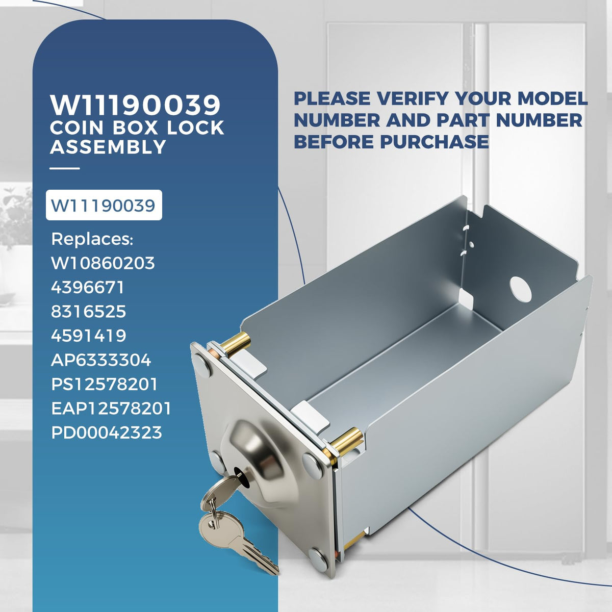W11190039 Coin Box Lock Assembly with 2 Keys for Whirlpool Commercial