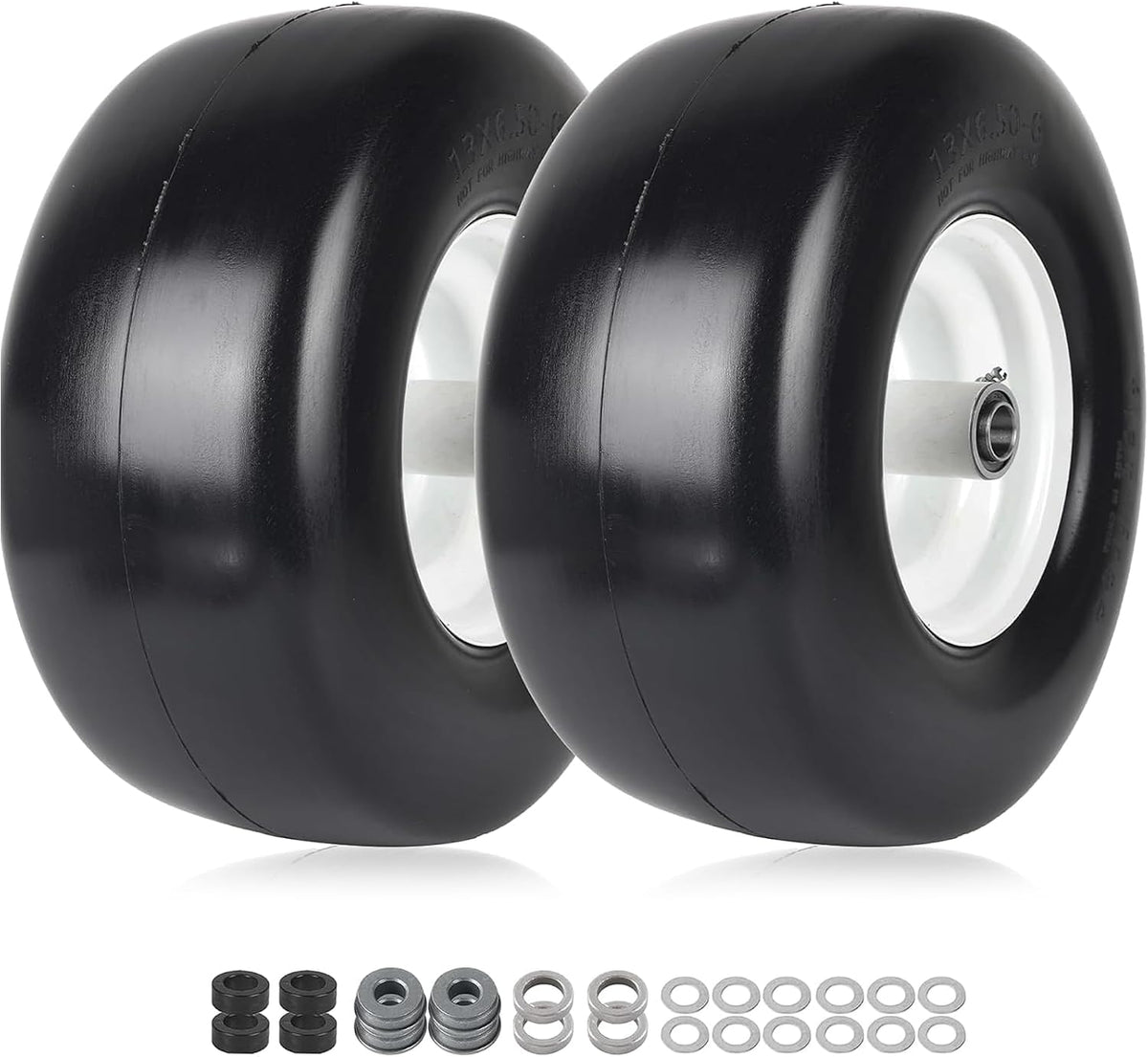 (2-Pack) 13x6.50-6 Flat Free Tire and Wheel - Universal 13x6.5-6 Solid Rubbe Riding Lawn Mower Tire with Rim - With