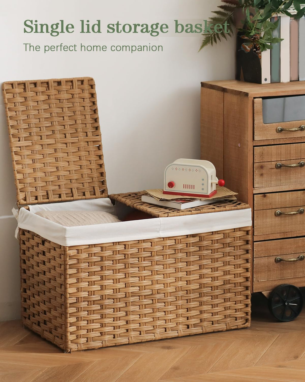 Storage Basket with Lid, 2-Lid PE Rattan Storage Bin, Natural