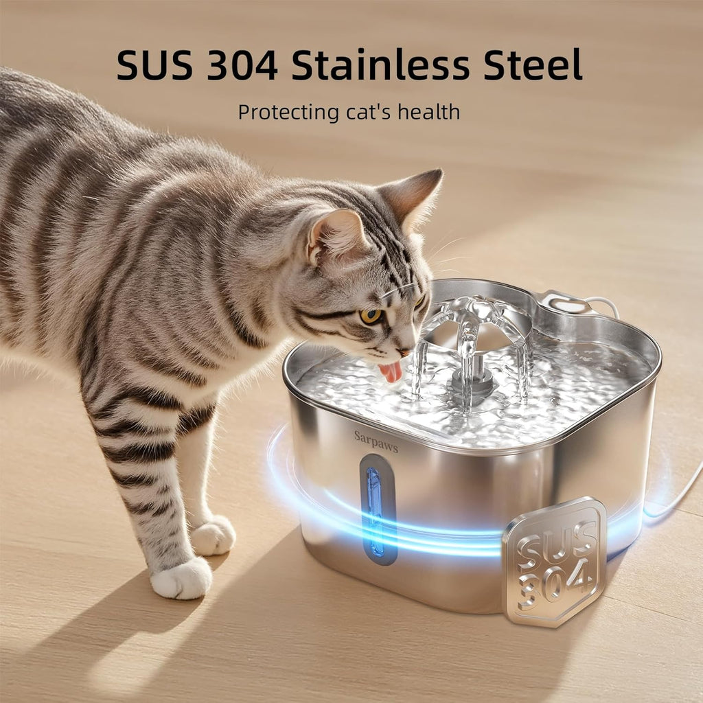 Cat Water Fountain Stainless Steel：74oz/2.2L Water Fountains for Cats Indoor, Cat Fountains for Drinking